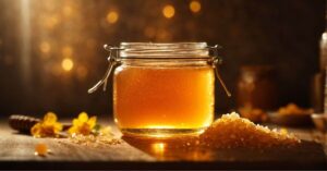Pre-Workout honey in a jar on a wooden table.