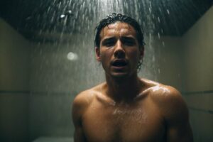 A Man Stands In A Cold Shower His Body Shivering