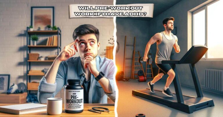 Split scene image of a person with ADHD: one side pondering over a bottle of pre-workout supplement in a home setting, and the other side actively engaged in a workout, depicting the potential impact of pre-workout supplements on exercise routines for individuals with ADHD