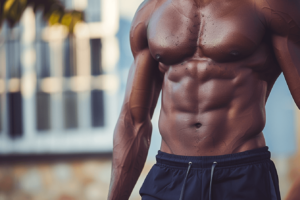 Close-up of a fit man with well-defined abdominal muscles, possibly enhanced by creatine, wearing gym shorts, with a blurred building background.