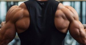 Highly muscular individual showcasing back and arm muscles, indicating it's okay to do biceps before back day.