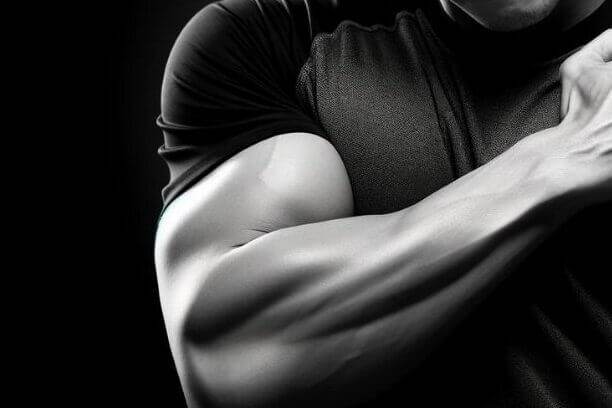 A man is posing in front of a black background, showcasing his biceps.