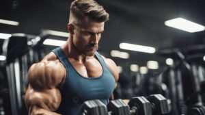 Muscular man lifting weights in a gym experiencing discomfort in his neck.