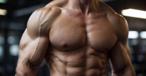 Well-defined muscular torso of a person performing a shoulder press against a gym background.