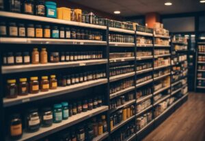 A row of shelves in a sports store with many different kinds of fitness supplements.