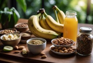 Bananas and nuts on a wooden table.