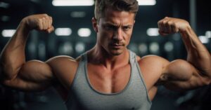 person with a muscular build flexing their biceps in a classic "double bicep" bodybuilding pose. The individual is wearing a gray sleeveless tank top that highlights their upper body musculature. They have a confident expression on their face, with a slight frown that conveys intensity and focus. The background is out of focus but seems to be a gym setting with various pieces of equipment, indicated by blurred lights and shapes. The lighting is dramatic, casting shadows that accentuate the muscle definition, and the overall composition emphasizes strength and fitness.