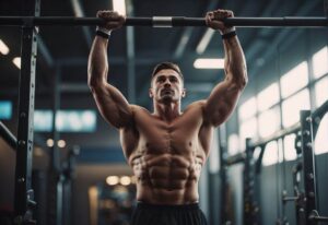 A fit man performing a pull-up exercise in a gym setting wonders why pull-ups hurt his shoulder.