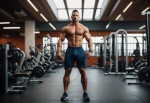 A well-built man standing confidently in a gym surrounded by exercise equipment, focusing on the part of the bicep targeted by EZ bar curls.