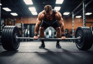 A man lifting a barbell in a gym while performing deadlifts, targeting his glutes.