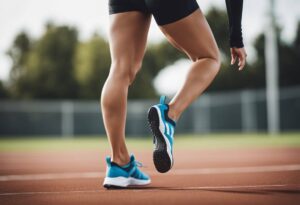 Athlete stretching on a running track, focusing on why they feel calf raises in their glutes.
