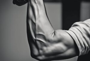 Black and white close-up of a flexed bicep muscle with a noticeable dent.