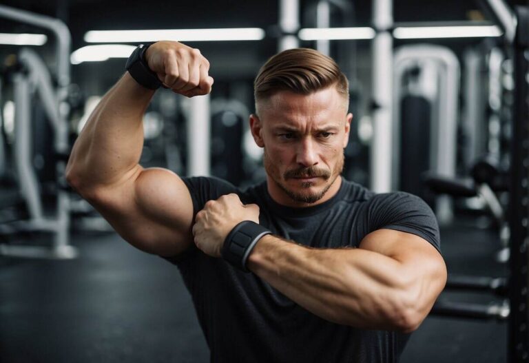 Man flexing his bicep in a gym setting, pondering, "Why Can't I Straighten My Arms After A Bicep Workout?
