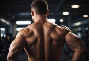 The back of a man in a gym as he performs lat pulldowns.