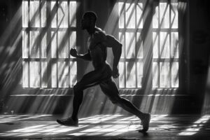 A muscular man struggling with lunges indoors, illuminated by sunlight streaming through large windows, creating dramatic shadows.