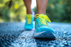 A person jogging outdoors wearing bright blue and yellow sneakers, incorporating it into their daily habits.