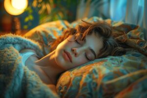 A person peacefully sleeping, bathed in warm light, as natural ways to boost melatonin take effect.