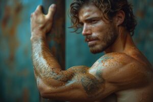 A shirtless man with a muscular build, showcasing his triceps from a simple triceps routine, has sand on his body and is leaning against a metal surface with a focused gaze.