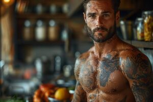 A tattooed man with a thoughtful expression, covered in water droplets and contemplating Top 15 strategies for rapid fat loss, standing in a kitchen.