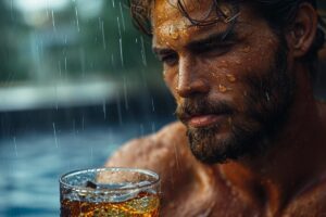 Close-up of a man with a beard, holding a glass of whiskey, with water droplets on his face and rain falling in the background.