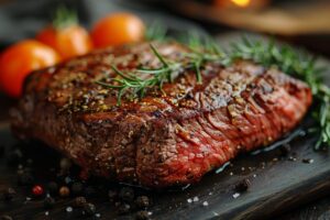 Grilled steak, a rich protein source, garnished with rosemary, sprinkled with spices, surrounded by tomatoes and peppercorns on a wooden board.