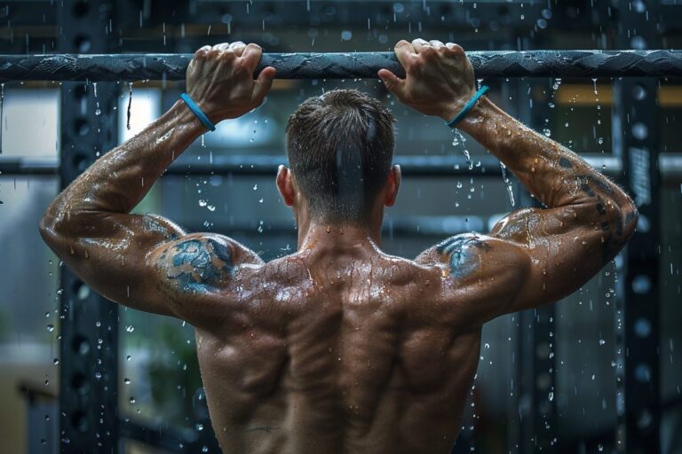 Muscled, tattooed man doing effective pull-ups on a bar in the rain, emphasizing his sculpted back and arms.