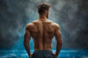 Muscular man standing with his back to the camera in a rain shower, using natural methods to boost Human Growth Hormone production.