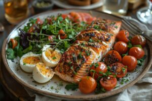 Plate of grilled salmon with herbs, cherry tomatoes, mixed greens, and halved boiled eggs, rich in healthy fats, served on a wooden table.