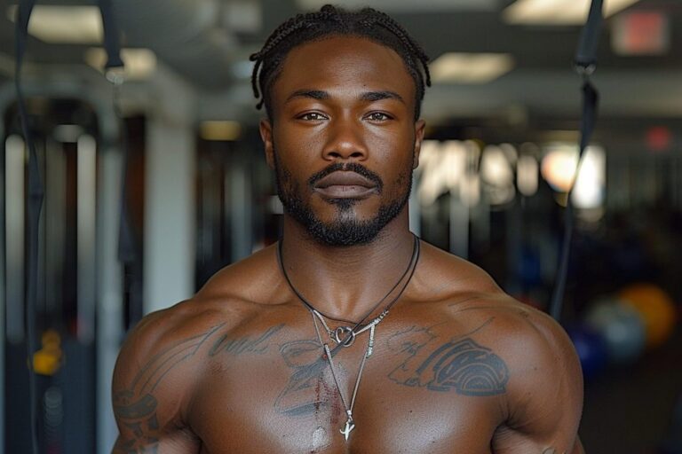 Portrait of a muscular man with braided hair and tattoos, displaying chest development, standing in a gym with equipment visible in the background.
