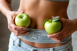 Woman holding two green apples near her waist, following weight loss tips, wearing a crop top and denim shorts.