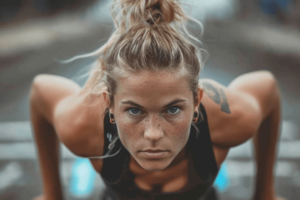 A focused young woman with a ponytail and freckles doing planks outdoors, gazing intently at the camera.
