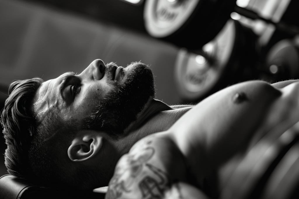 A man with a beard and tattoos lies on a bench, performing dumbbell flyes in a gym, captured in black and white.