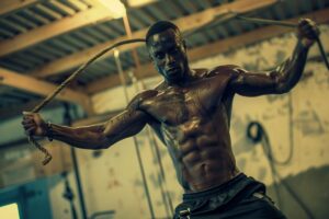 A muscular man doing a workout with battle ropes in a gym, looking intensely focused and experiencing abs soreness.