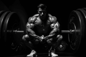 A muscular man in a gym squatting between two heavy barbells, looking intently at the camera, highlighted by dramatic lighting, demonstrating one of the best exercises for muscle-building.
