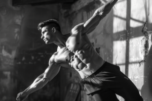 A muscular man in workout gear posing with a rock hard six pack in a dimly lit room with sunlight casting shadows.