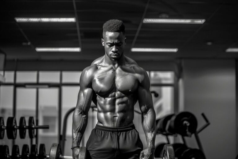 A muscular man with a focused expression lifting 10kg dumbbells in a gym, depicted in black and white.