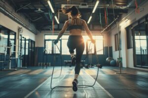 A woman wearing athletic gear and a prosthetic leg runs on a treadmill in a well-equipped gym, surrounded by various exercise equipment.