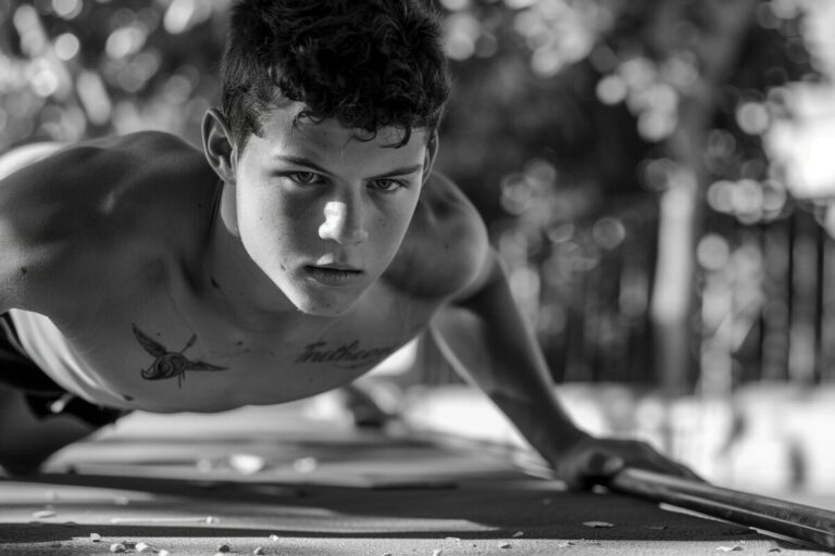 A young person is learning to perform one-arm push-ups outdoors, focusing intently.