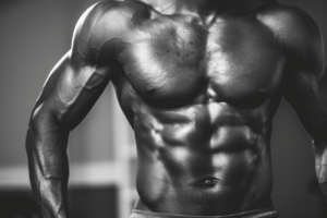 Close-up of a muscular man's torso showing defined abs and chest muscles in black and white. Will creatine help me get a 6-pack?