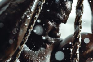Close-up of a person with water droplets on their face, captured in a dramatic lighting setting with a dark backdrop, evoking the intensity of a guide to pre-workout supplements.