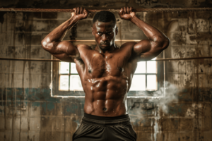 Muscular man with a six-pack performing a pull-up on a bar in a gritty, dimly-lit gym, looking intensely at the camera.