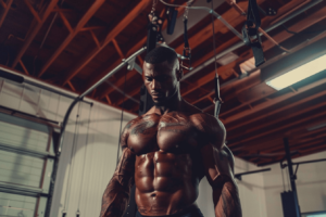 Muscular man with tattoos, resting on gymnastic rings in a gym, looking down, illuminated by overhead lights.