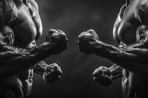 Two muscular individuals with massive arms facing each other with clenched fists, highlighted muscles, in a black and white dramatic lighting.