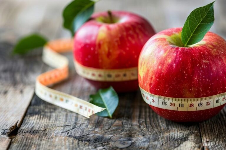Two red apples with measuring tape wrapped around one, symbolizing the effectiveness of diet plans, on a wooden surface.