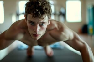 Young man doing push-ups to target belly fat, looking focused directly at the camera in a gym setting.