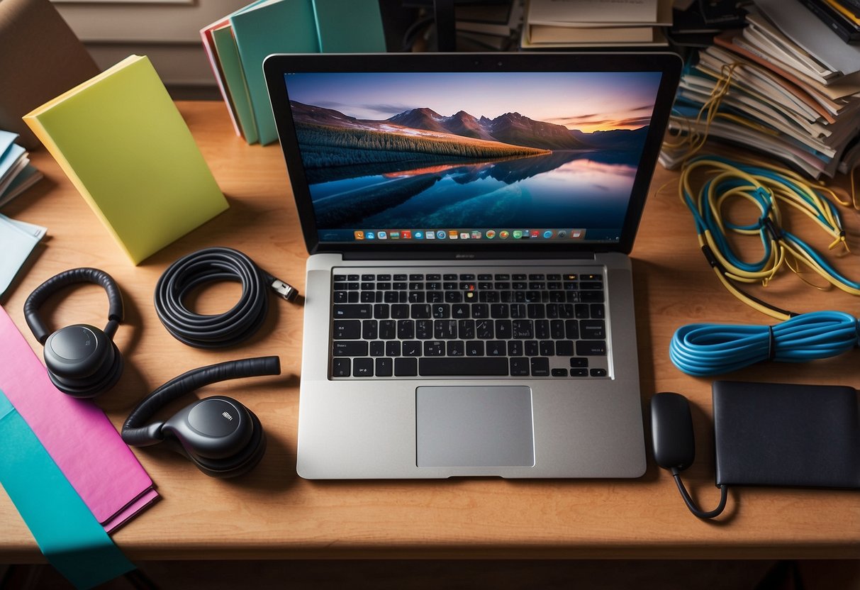 A cluttered desk with scattered papers and a laptop, surrounded by energetic exercise equipment like a jump rope and resistance bands