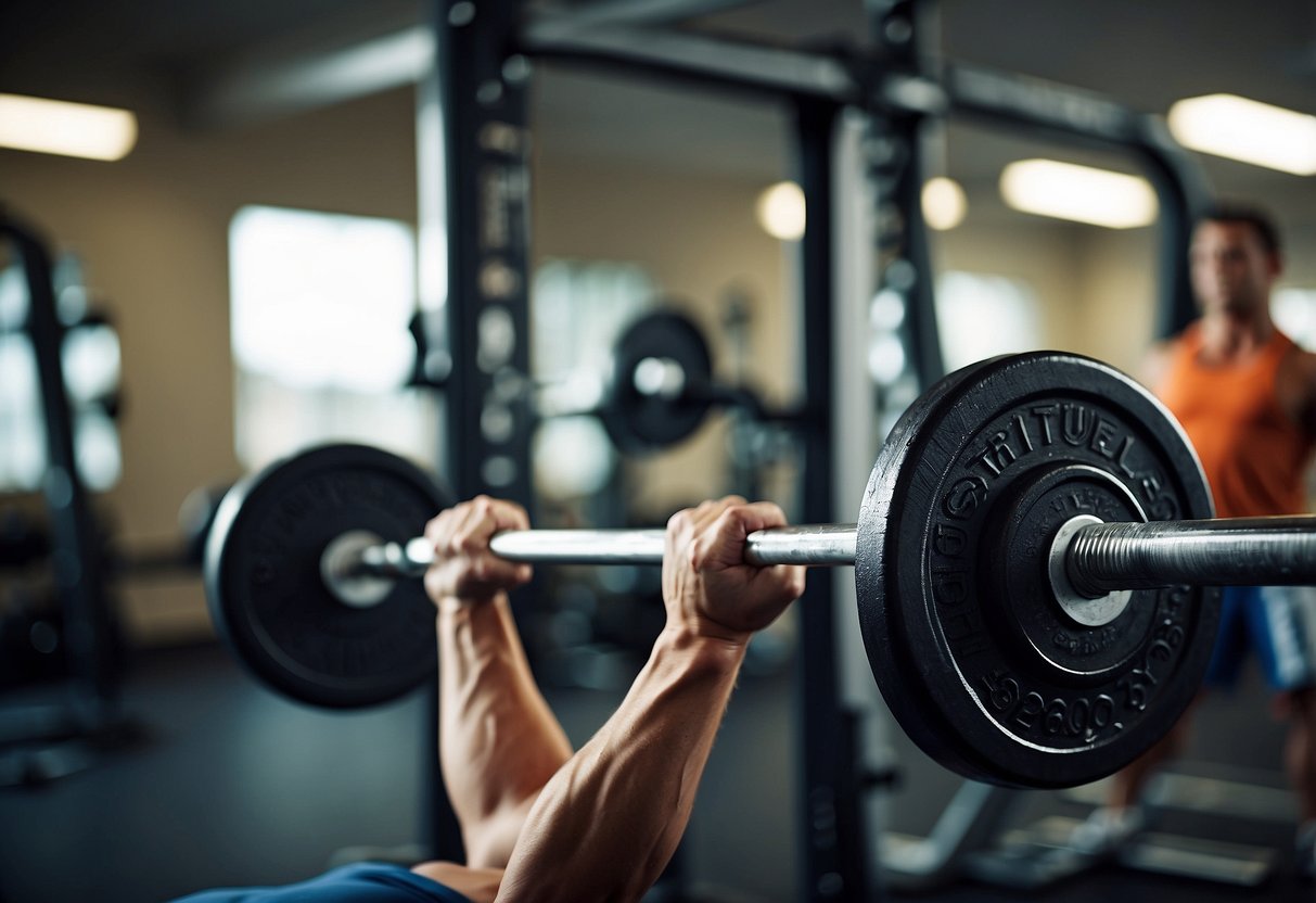 A barbell positioned on a weight bench, with a person's perspective of the tricep workout in progress