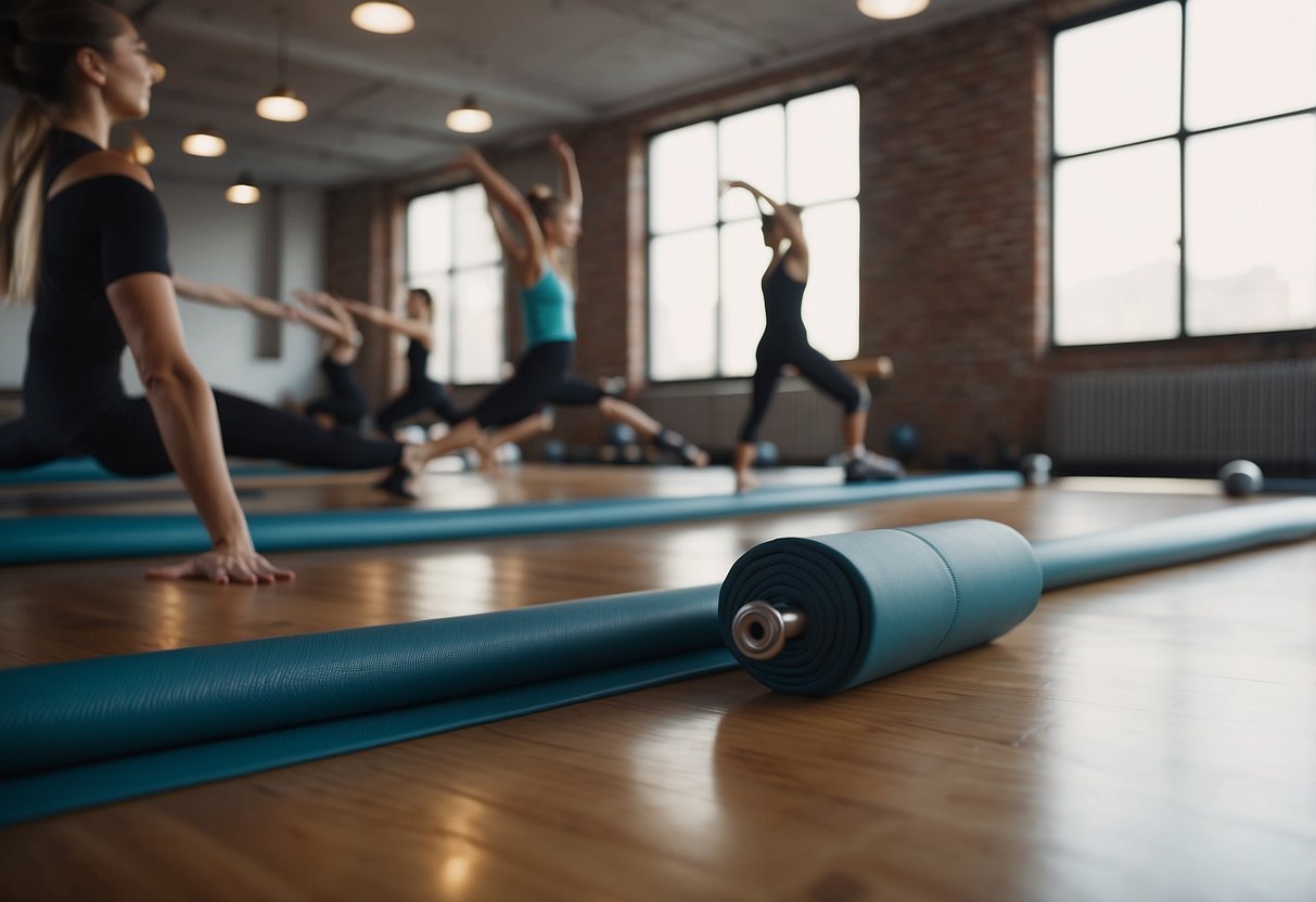 A barre workout scene: ballet barre, mirror, yoga mat, resistance bands, and small hand weights