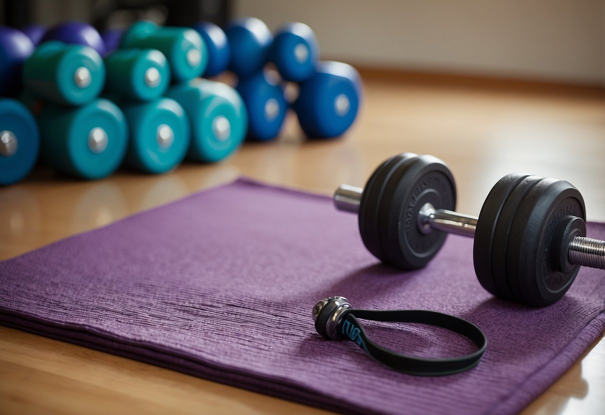 A set of dumbbells placed on a workout mat, with a resistance band nearby. An open space for exercise, with a water bottle and towel