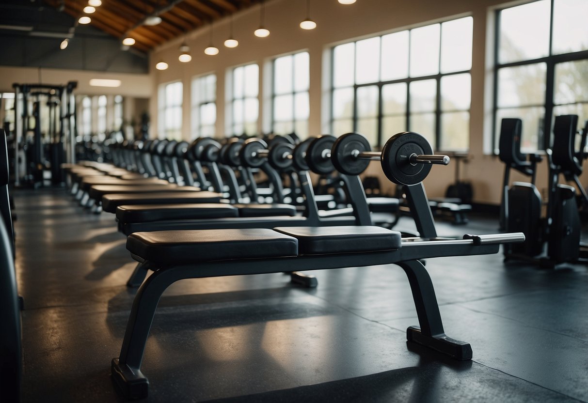A gym with weights, benches, and equipment arranged for a bulking workout. The room is well-lit with natural light coming in through large windows